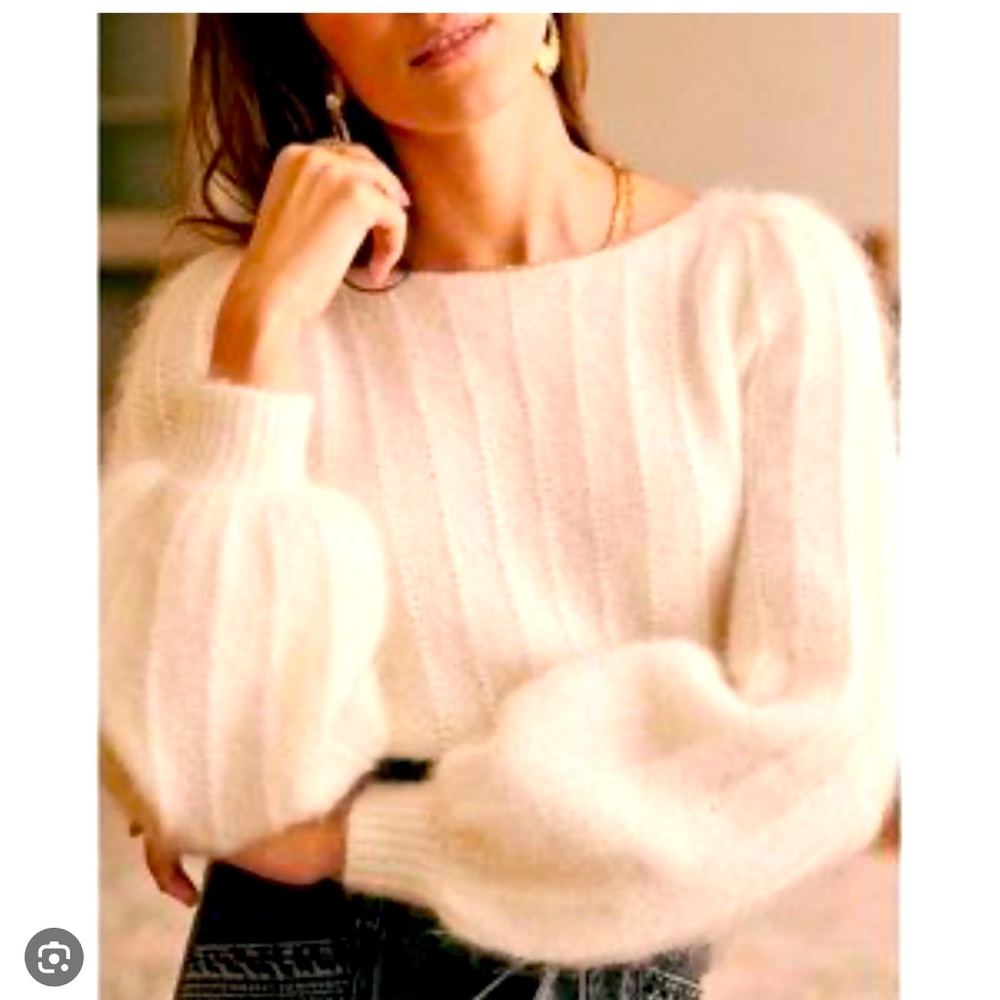Sezane Cream Puff-Sleeve Crewneck Sweater